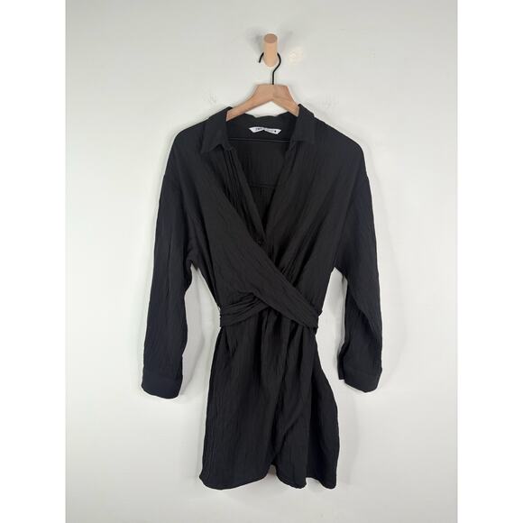 Zara Black Long Sleeve Shirt Dress Womens Large Belt Tie Waist Blogger Fave - Picture 2 of 11